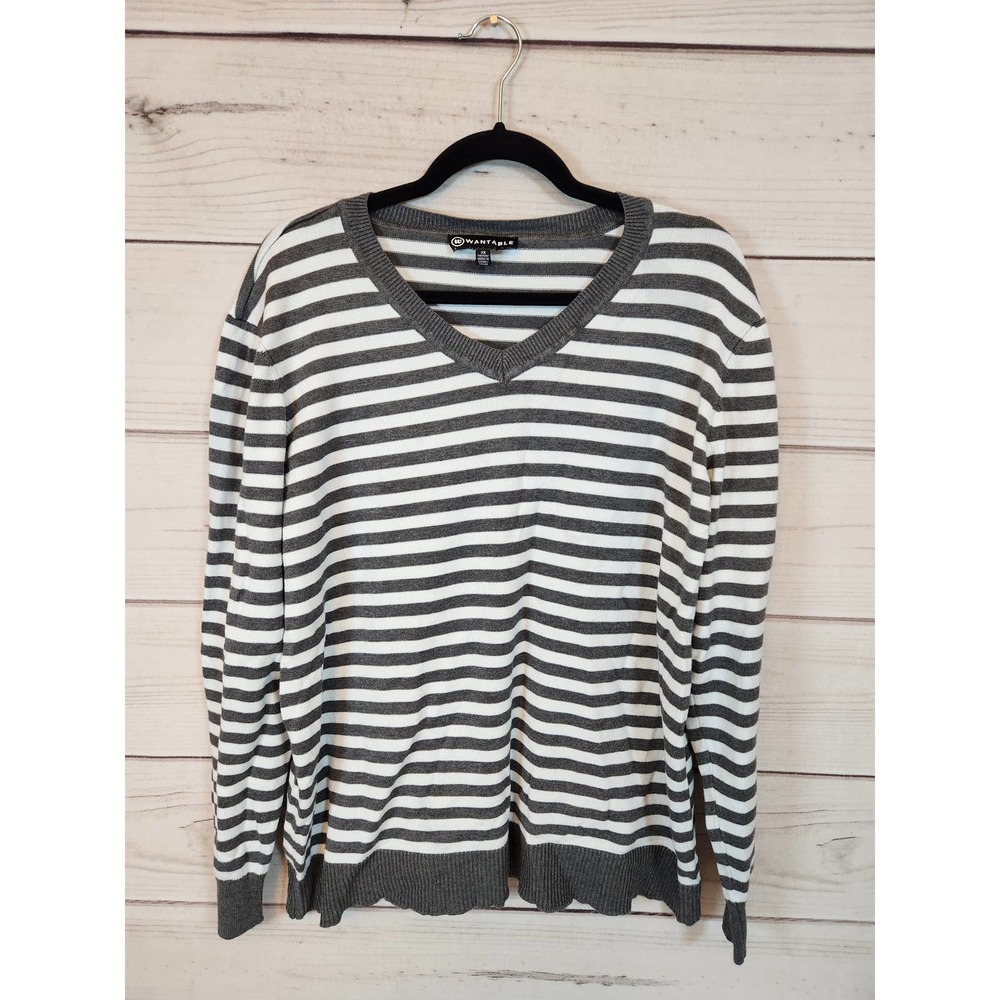 Wantable Womens Gray White Striped Long Sleeve‎ V-Neck Pullover Sweater Size 2X